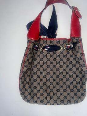 Gucci GG Canvas Positano Hobo Bag with Red Leather Trim and Silk Scarf Detail